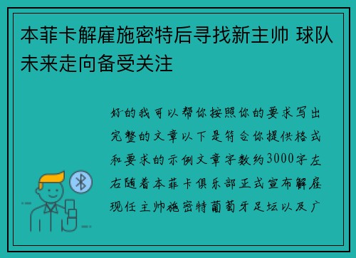 本菲卡解雇施密特后寻找新主帅 球队未来走向备受关注 本菲卡解雇施密特后寻找新主帅 球队未来走向备受关注